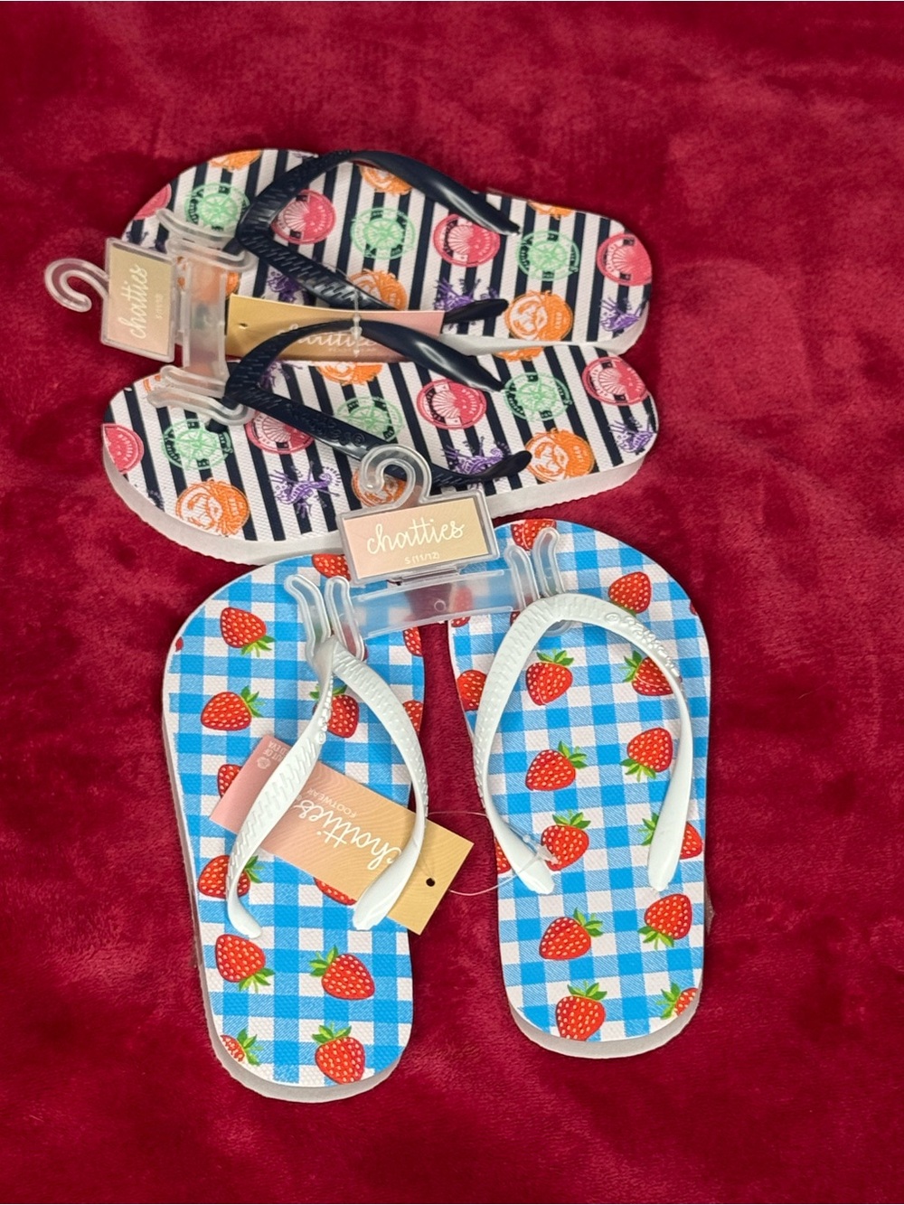 chatties Kids Flip Flops - Blue Gingham Strawberry and Black Striped Fruit